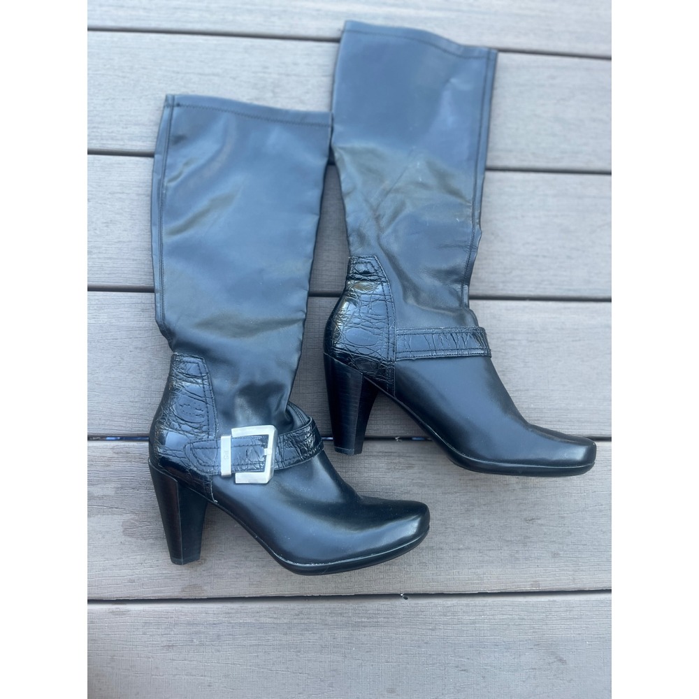 Franco Sarto Buckeye Black Tall Boots Croc Embossed Buckle Heel 8M 26324-2